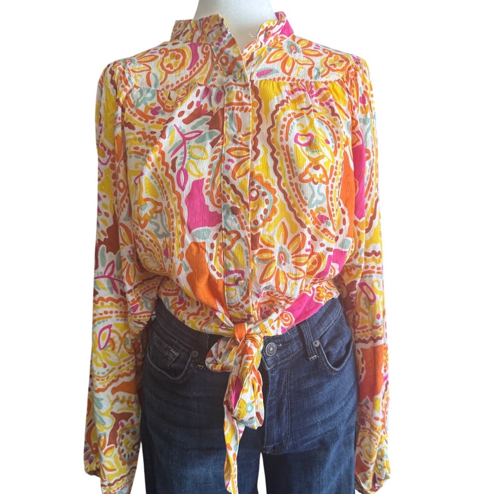 Rachel Zoe Paisley Tie Front Crop Blouse Boho Rayon‎ Top S